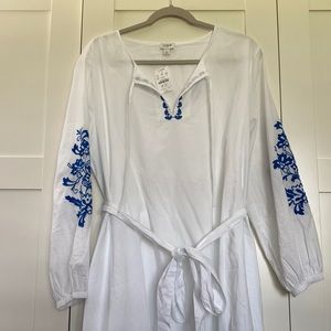 JCrew white dress with blue embroidery